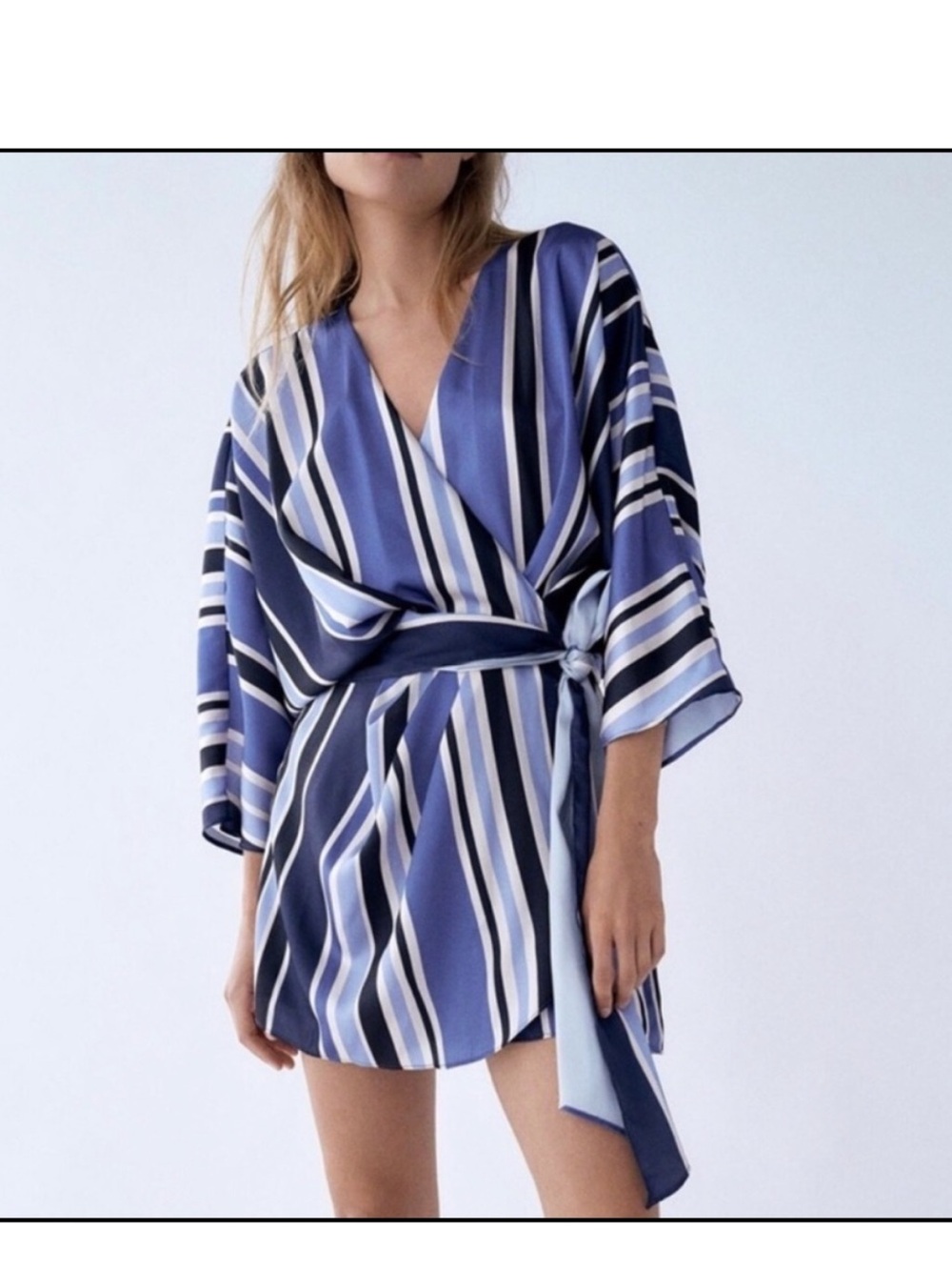Zara Navy and Light Blue Striped Wrap Dress